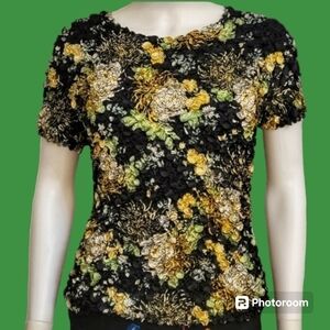 3/$30 RADIANCE 1990s Black Bubble Popcorn Scrunchie Floral Silk Blouse